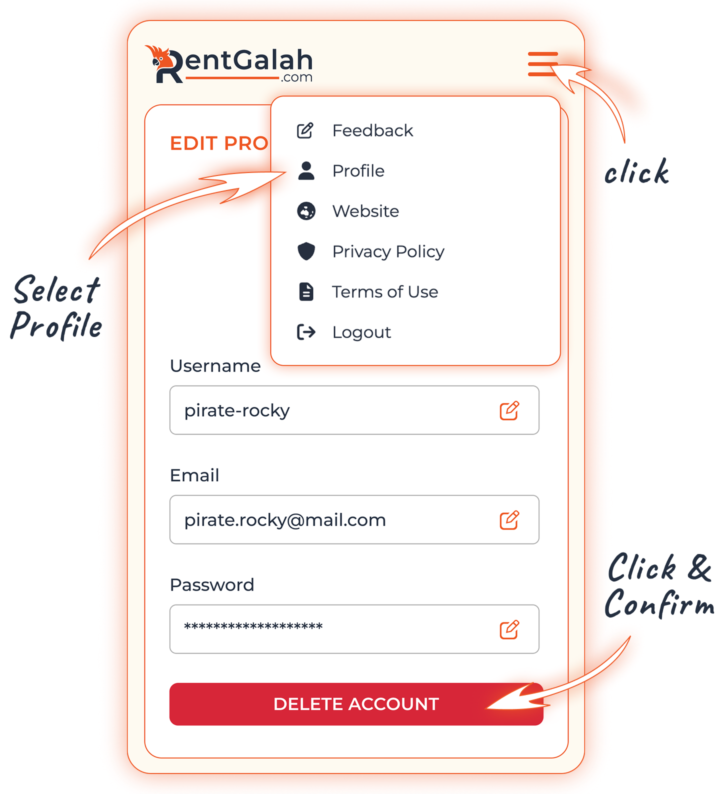 Screenshot showing the Delete Account button on web