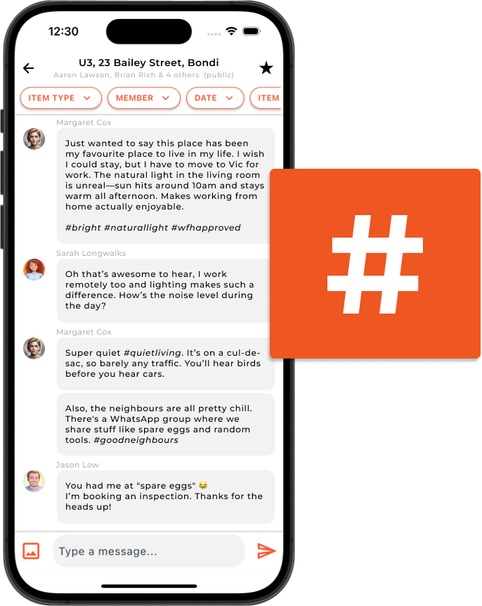 Messages with #hashtags categorizing topics in a stream